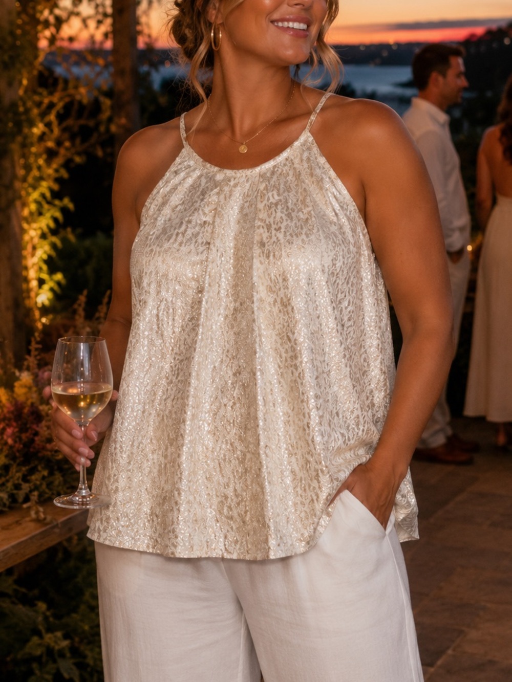 Worthington XL Metallic Leopard Jacquard Halter Tank Top Champagne Gold Shimmer